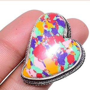 New Heart Shaped Mosaic Jasper 925 Silver Ring.